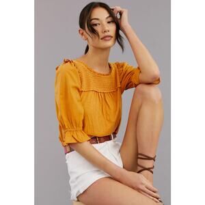 Anthropologie Gold Smocked Puff Sleeve Top